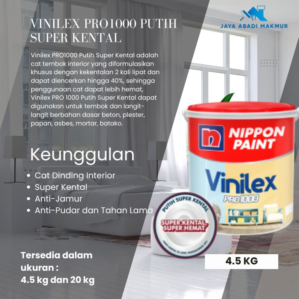 Nippon Paint Vinilex PRO 1000 Putih Super Kental 4.5 kg / Cat Tembok Interior / Warna Ready Pack