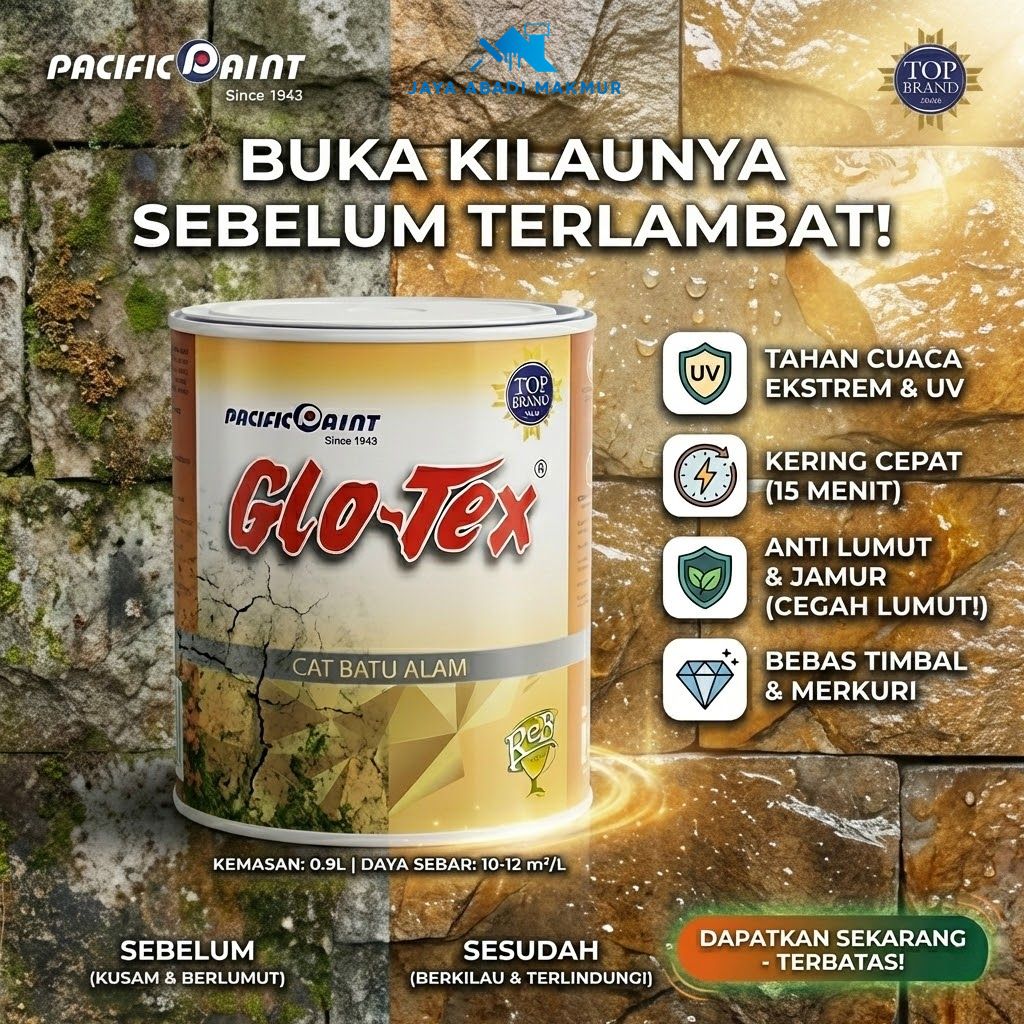 Glo-Tex Cat Batu Alam Pacific Paint Anti Lumut 0.9L - Coating Batu Alam Gloss Kering 15 Menit