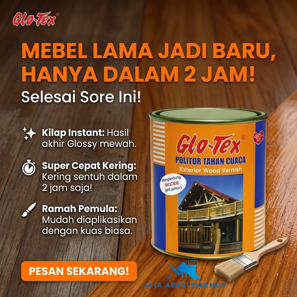 Pacific Paint Glo-Tex Politur Tahan Cuaca 0.9 Liter / Cat Politur Kayu Luar dan Dalam