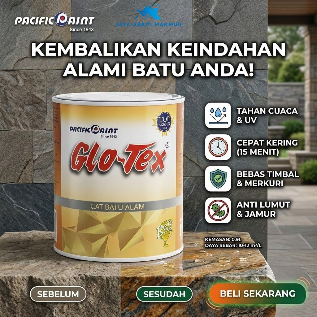 Glo-Tex Cat Batu Alam Pacific Paint Anti Lumut 0.9L - Coating Batu Alam Gloss Kering 15 Menit