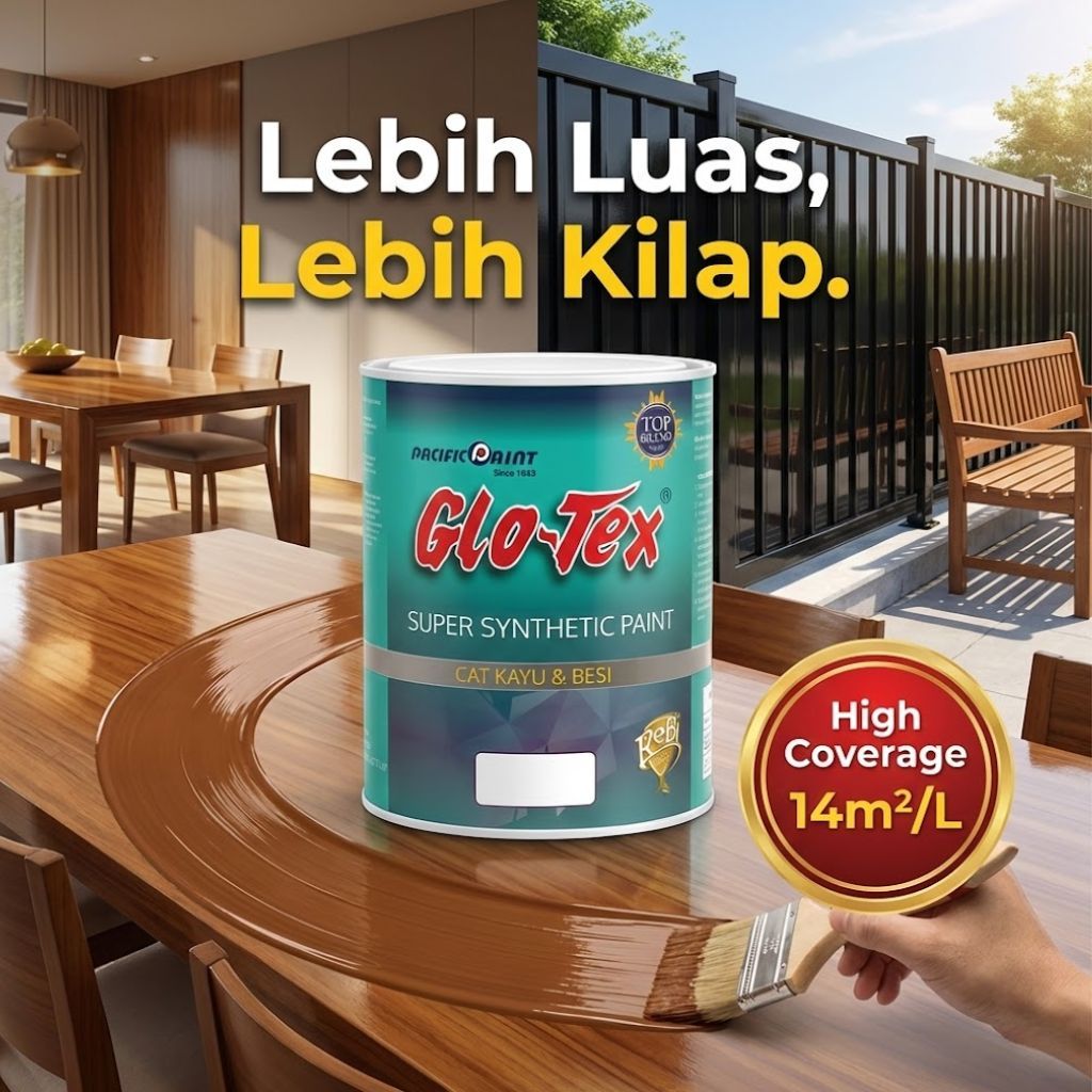 Pacific Paint  GLOTEX Cat Kayu & Besi [0.9L] Super Synthetic - Cat Minyak Mengkilap Cepat Kering & Tahan Cuacai / Warna Ready Pack