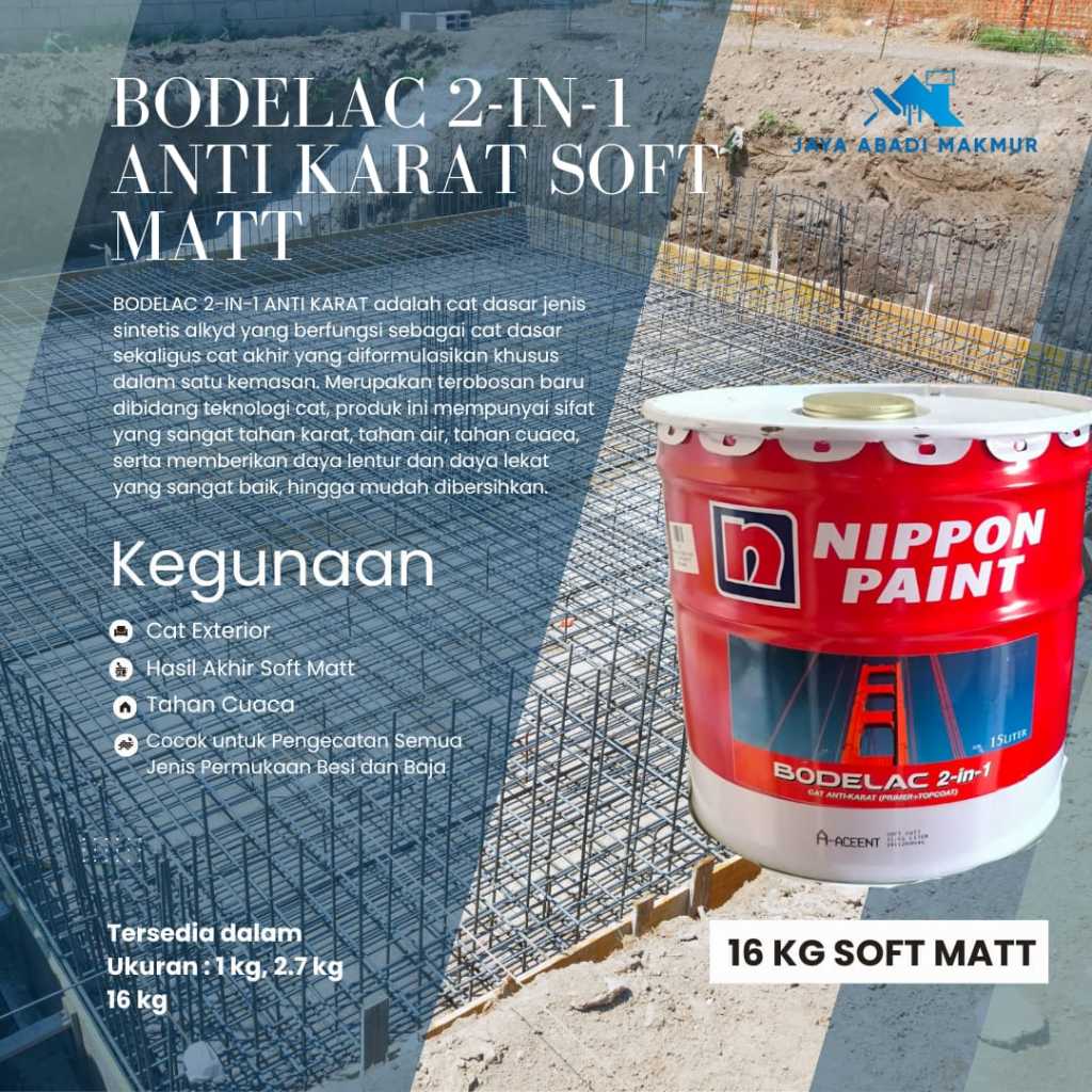 NIPPON PAINT Bodelac 2-in-1 Anti Karat 16 kg - Cat Besi Dasar & Finish Soft Matt - Cat Pagar Besi Tahan Cuaca/ Warna Custom