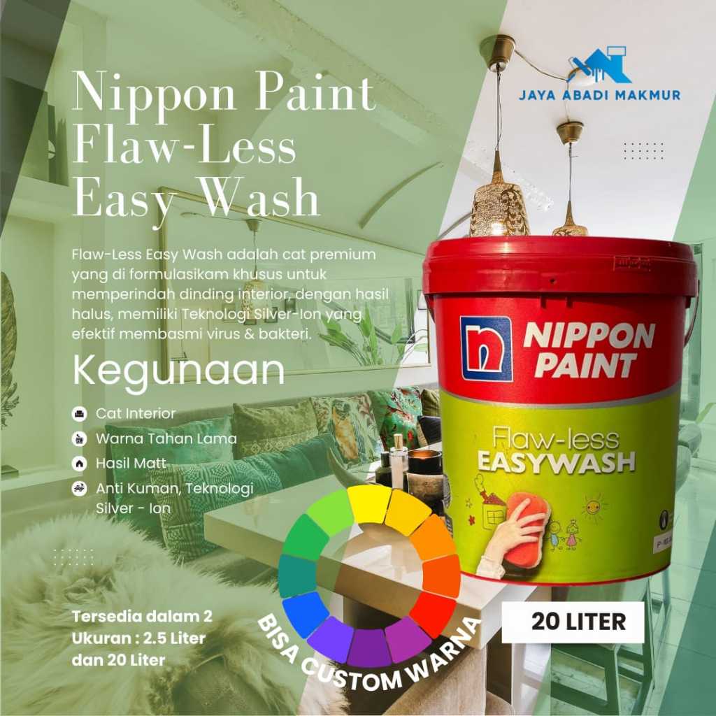 Nippon Paint Flaw-Less Easy Wash 20 Liter / Cat Dinding Interior Premium / Warna Custom / Nippon Paint Tinting