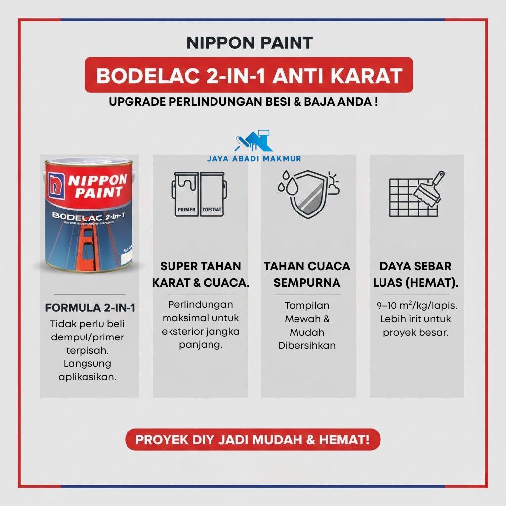 NIPPON PAINT Bodelac 2-in-1 Anti Karat 16 kg - Cat Besi Dasar & Finish Soft Matt - Cat Pagar Besi Tahan Cuaca/ Warna Custom